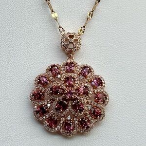 NG14  5CT Natural Bohemian Garnet 3D ART DECO FLOWER Pendant 18K Rose Gold S925